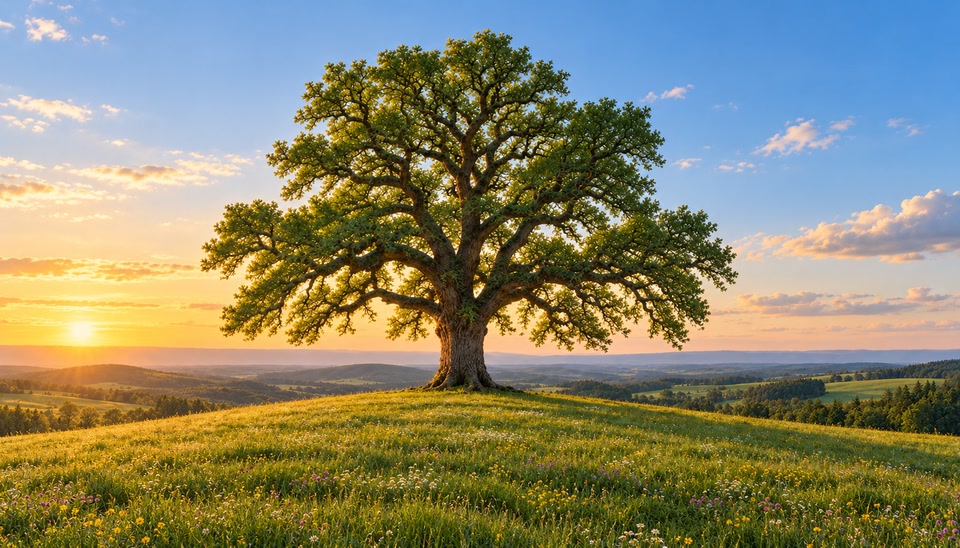 Last frame: the same oak in summer