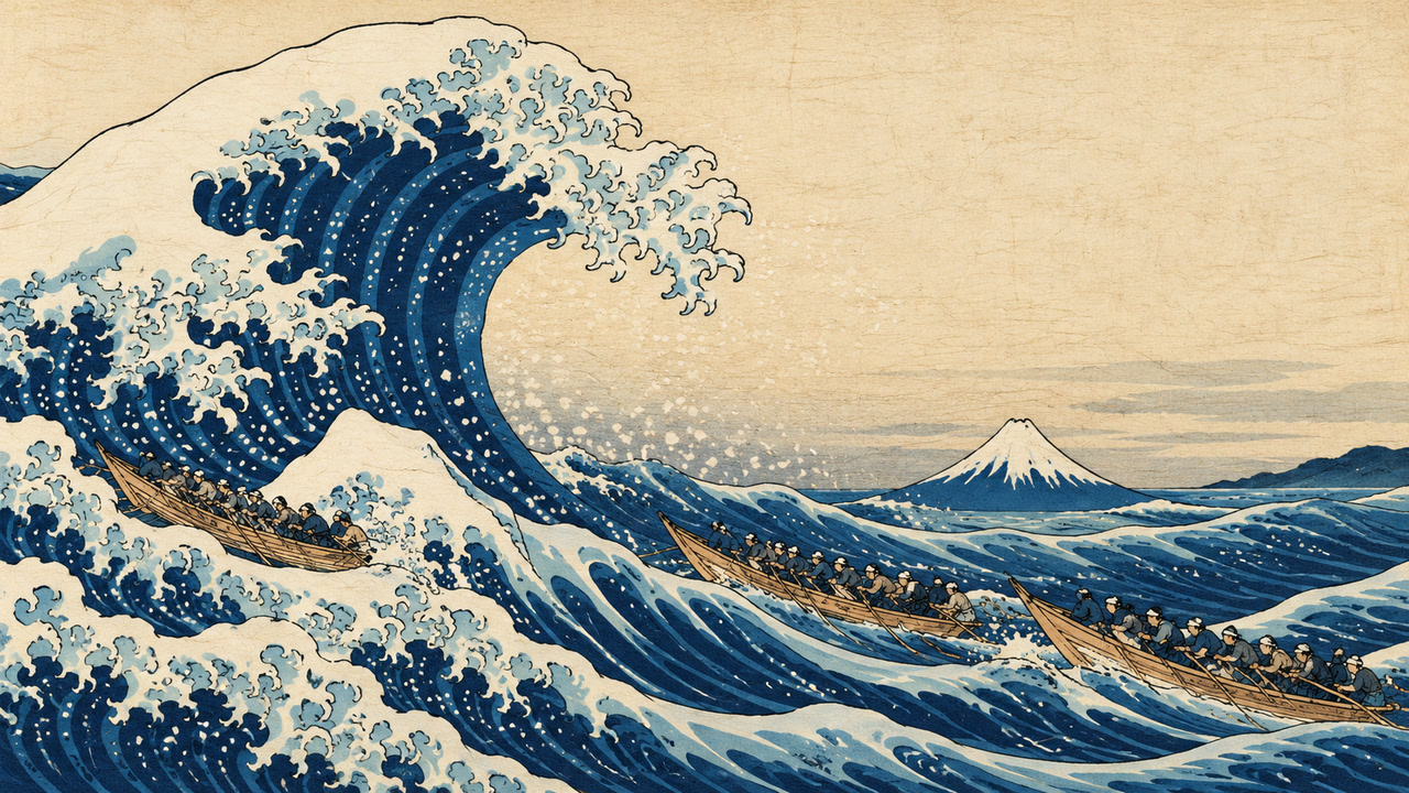 The input picture: a woodblock print of a towering wave