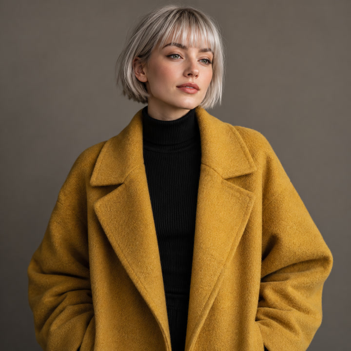 The reference picture: a woman with a silver bob in a mustard coat