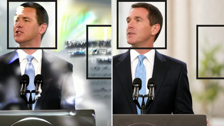 A speaker at a podium after 90 seconds of animation: the Wan-Animate frame (left) shows background artifacts, the EverAnimate frame (right) stays clean