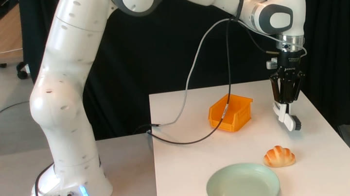A real Franka robot arm above a table with a box, a bread roll and a plate, given the instruction to pick up the tool used to clean shoes