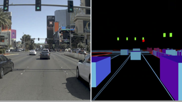 A camera frame from a driving log (left) and the matching lightweight 3D rasterization (right)