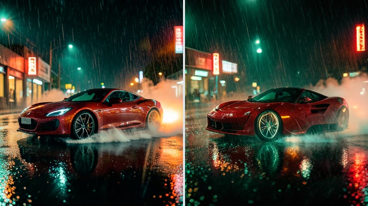 A red sports car on a rainy neon street, generated by the four-step FLUX.2 [klein] teacher (left) and by the one-step RDM student (right)