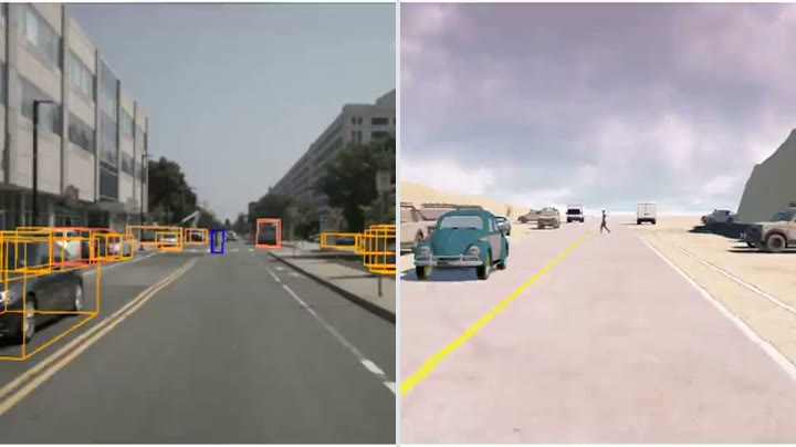 A real driving scene with annotated vehicles (left) and the same scenario replayed in the MetaDrive simulator (right)