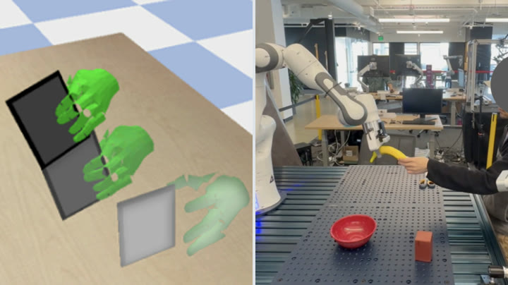 Synthetic human hands handing over an object in simulation (left) and a real robot arm taking a banana from a person (right)