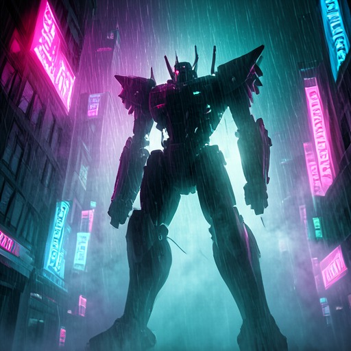 Our 1-step: towering mech in rainy neon city
