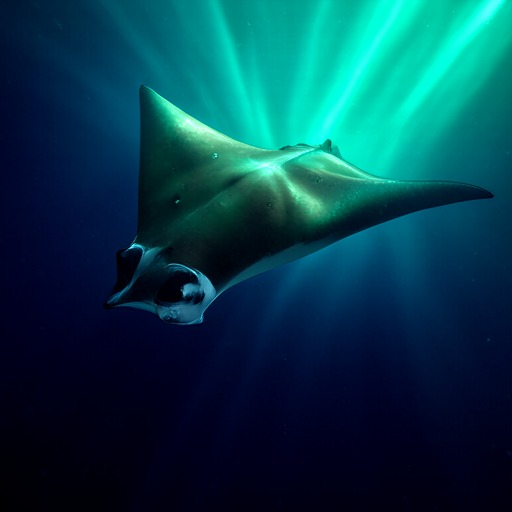 Our 1-step: manta ray in turquoise god rays