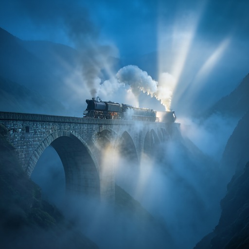 Our 1-step: steam train on a misty viaduct