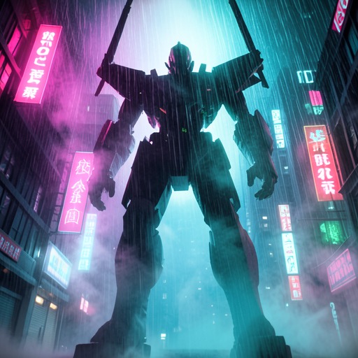 4-step teacher: towering mech in rainy neon city