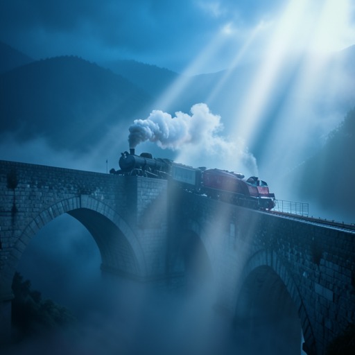 4-step teacher: steam train on a misty viaduct